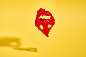 Spooky red leaf with halloween face falling on bold yellow background. October seasonal holiday