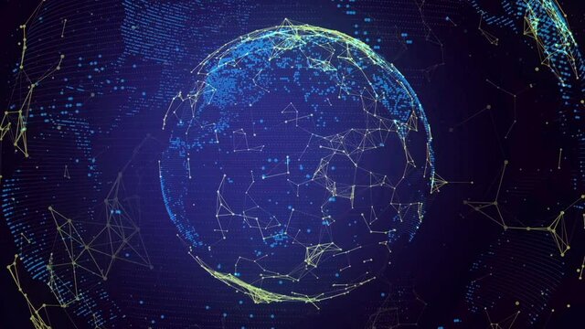Digital animation of globe spinning with connected dots around