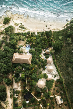 Aerial View Of Luxury Palm Cabana And Private Pool In A Tropical Island Resort Surrounded By Trees, Isla Tierra Bomba, Colombia