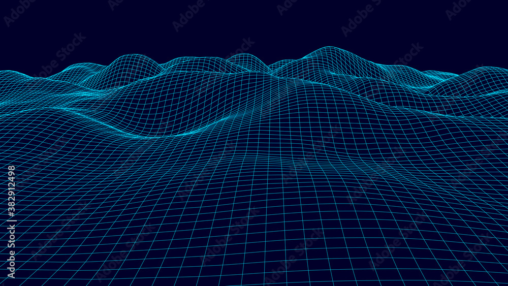 Aufkleber vector wireframe 3d landscape. technology grid illustration. network of connected dots and lines. fu