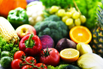 Composition with variety of fresh vegetables and fruits