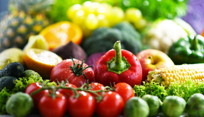 Composition with variety of fresh vegetables and fruits
