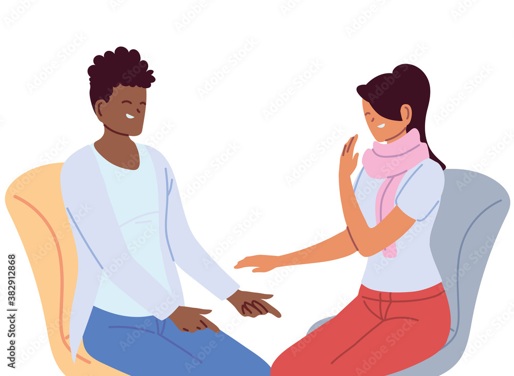 Canvas Prints young couple smiling and talking, sitting on a chair