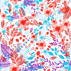 Fototapeta na wymiar A seamless background with red and blue flowers and leaves. Vector illustration