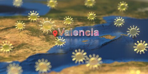 Valencia city and sunny weather icon on the map, weather forecast related 3D rendering