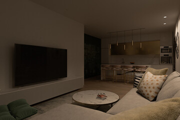 3d illustration of a living room overlooking the kitchen. Interior design in a modern Mediterranean style. Series of illustrations with different lighting designs