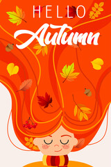 Vector illustration Hello Autumn girl in a sweater with leaves in her hair