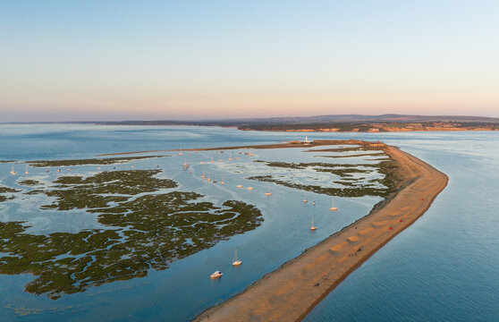 Aerial view of sandbank facing the Isle of Wight and Hurst Castle, UK.
