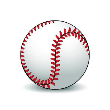 Isilated vector illustration of leather baseball ball on white background with shadow. Decoration for greeting cards, posters, patches, prints for clothes, emblems.