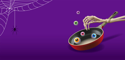 Halloween 2020 poster or banner. Prepare for the holiday. The skeleton's hand reaches for the eyes, which are fried in a pan. Cobweb and spider. Vector. Scary cooking concept. Horror