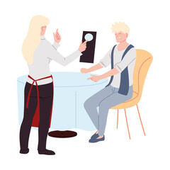 Fototapeta premium man in restaurant and waitress in uniform taking the order