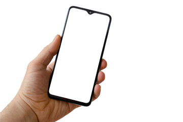 person holding smart phone in hand with white blank screen and background