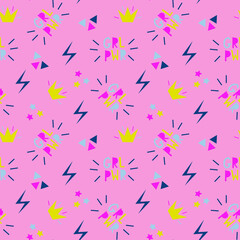 Seamless vector pink pattern about girl power. Colorful repeat pattern about feminism with stars triangles crowns zips and lettering grl power. Women have power to change the world.