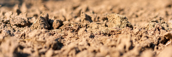 panoramic view of brown tillage soil ground on farm land