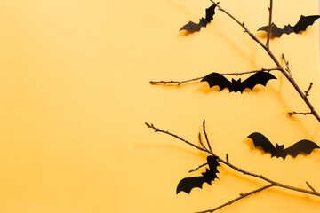 Halloween decorations with bats and branches on orange background. Halloween concept. Flat lay, top view, copy space