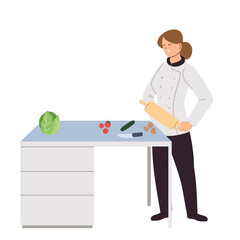 woman chef with table work and elements kitchen