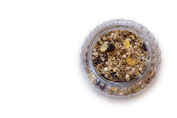 granola cereals. space to write. white background. top view