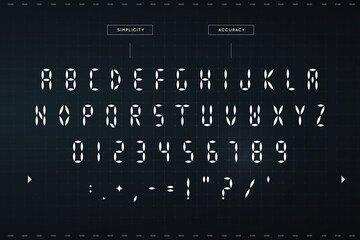 Digital awesome symbols set. Futuristic style alphabet. Font for HUD or digital display. Vector typography design