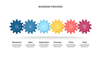 Business infographics. Process with 6 steps, options, gears. Vector template.