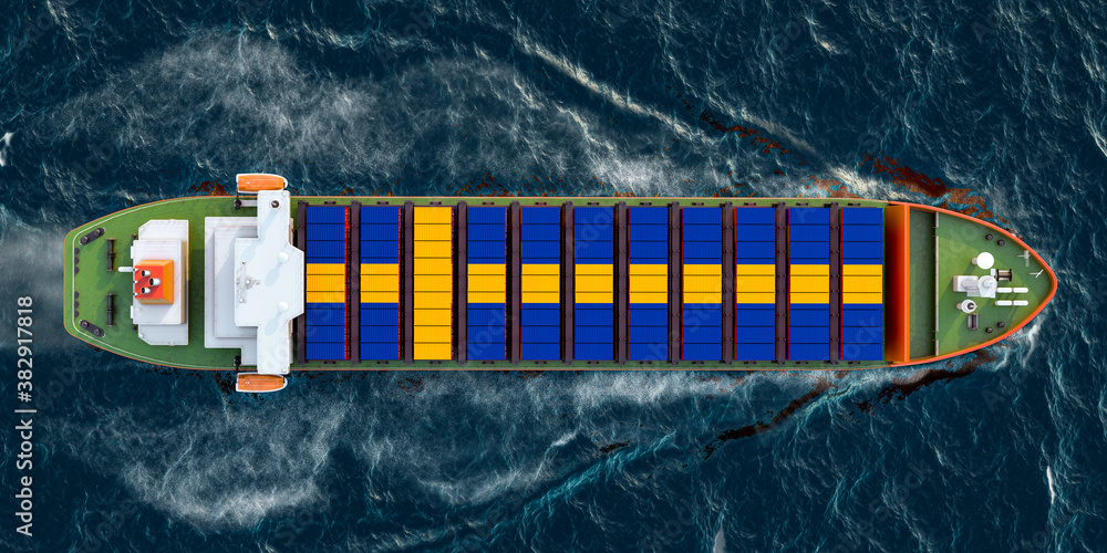 Poster freighter ship with swedish cargo containers sailing in ocean, 3d rendering