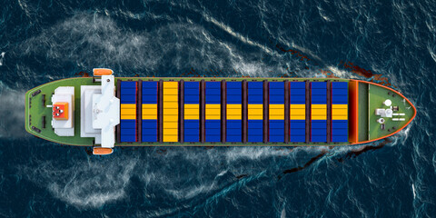 Fototapeta premium Freighter ship with Swedish cargo containers sailing in ocean, 3D rendering