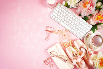 Pointe Ballet Shoes Aesthetic theme desktop workspace background on stylish pink textured background. Top view blog hero header creative composition flat lay. Negative copy space.