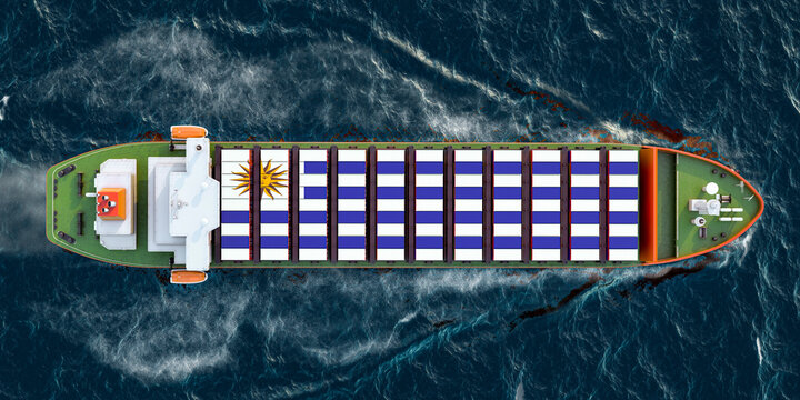 Freighter ship with Uruguayan cargo containers sailing in ocean, 3D rendering