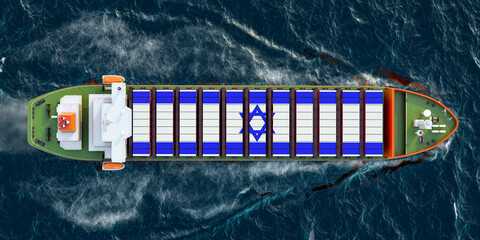 Freighter ship with Israeli cargo containers sailing in ocean, 3D rendering