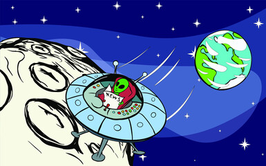 Naklejka premium Smiling green alien with newspaper in flying saucer on space background with Moon, Earth and stars