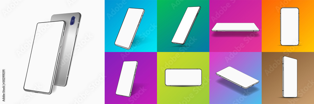 Poster colorful set smartphones with blank frame screen and rotated position, frontal, perspective and othe