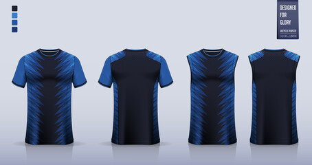 Blue t-shirt mockup, sport shirt template design for soccer jersey, football kit. Tank top for basketball jersey, running singlet. Fabric pattern for sport uniform in front view back view. Vector. © tondruangwit