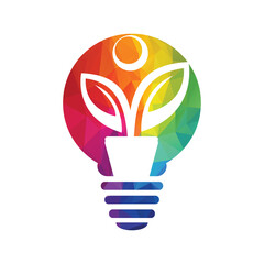 Flower Pot And Plant Logo on Bulb Lamp. Organic Human Light Growth Vector Logo.