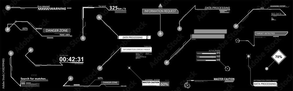 Poster Digital and futuristic Callouts titles bars. Sky-fi elements HUD and bar labels, info, call box bars. Info layout templates. Digital info HUD. Vector set Callout bar and titles for information. 