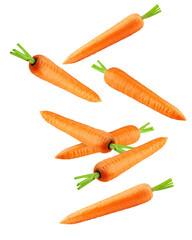 Falling carrot isolated on white background, clipping path, full depth of field