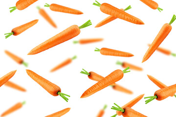 Falling carrot isolated on white background, selective focus