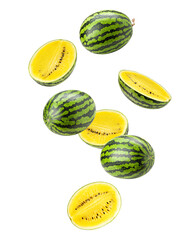 Falling yellow watermelon isolated on white background, clipping path, full depth of field