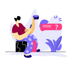 Illustration Frequently Asked Questions, the concept of a man sitting on a box carrying an email envelope, can be used for landing pages, web, ui, banners, templates, backgrounds, flayer, posters