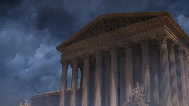Supreme Court Ominous Clouds 4K Loop features the Supreme Court Building with dark clouds flowing by and cracks of lightning in a loop