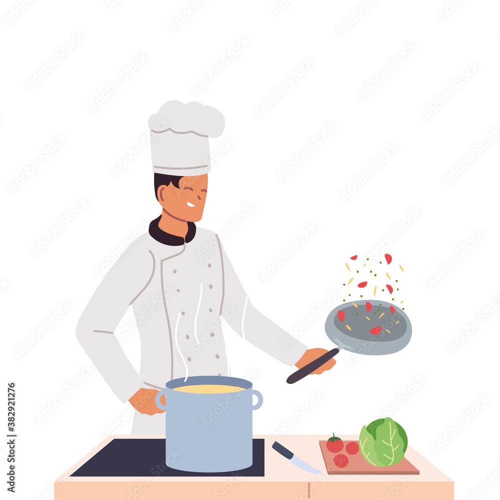 Poster chef man with work table and frying