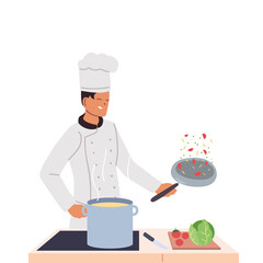 chef man with work table and frying