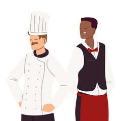 young cook and waiter in uniforms