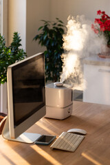 Close up of aroma oil diffuser on the table at home, steam from the air humidifier. Ultrasonic...