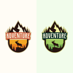 Adventure logo mountain and moose simple design, 2 color set, badge logo