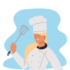 young woman chef professional with skimmer and toque