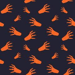 Vector seamless horror patterns for Helloween. Scary witch or zombie hands with long nails. Orange silhouette on black background.