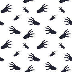 Vector seamless horror patterns for Helloween. Scary witch or zombie hands with long nails. Black silhouette on white background.