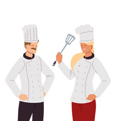 chef couple with uniform and kitchen utensils