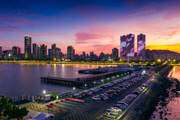 Night aerial photo of Xiangzhou port, Zhuhai City, Guangdong Province, China
