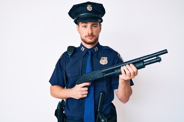 Young caucasian man wearing police uniform holding shotgun skeptic and nervous, frowning upset...
