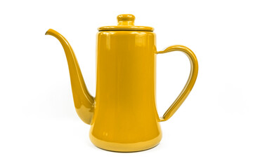 Tall yellow enamelled coffee pot isolated against a white background.